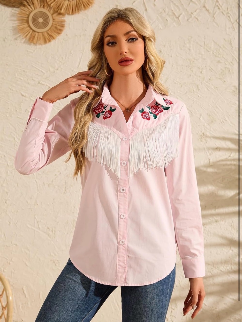 A191 Western Cowgirl Fringe Shirt Sleeve Floral Embroidered Collared LRG Top NWT - Picture 4 of 6